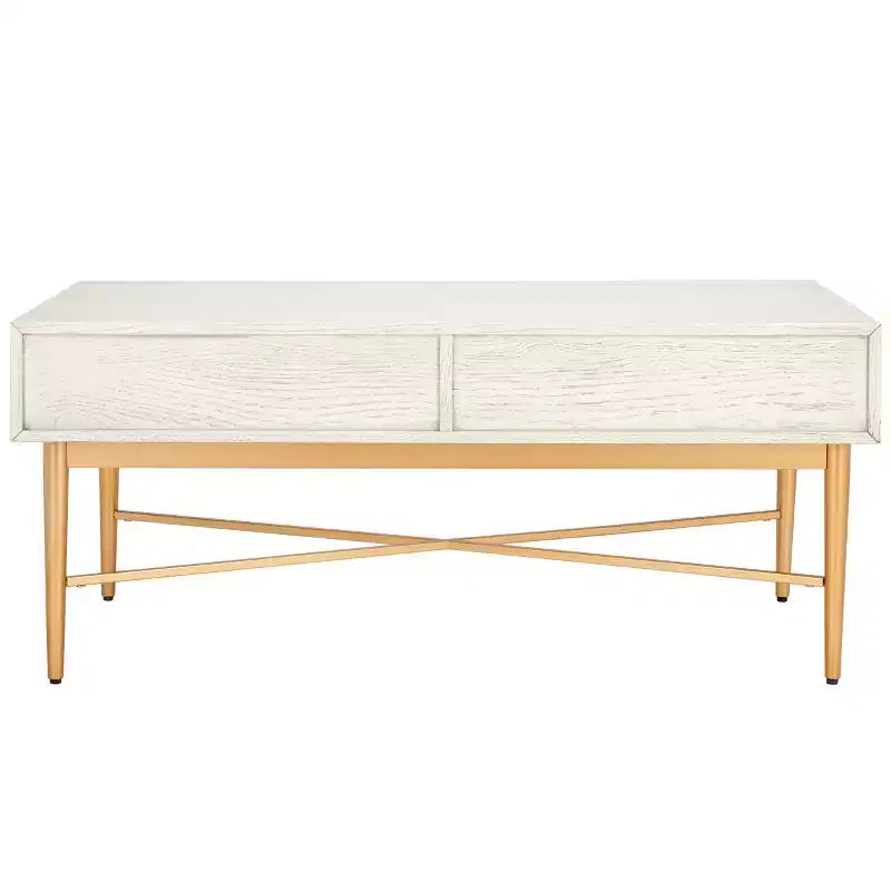 Table basse rectangulaire avec 2 tiroirs et plateau en placage de chêne, pieds dorés