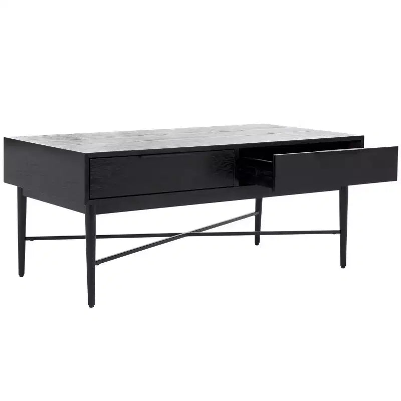 Table basse rectangulaire avec 2 tiroirs et plateau en placage de chêne, pieds dorés