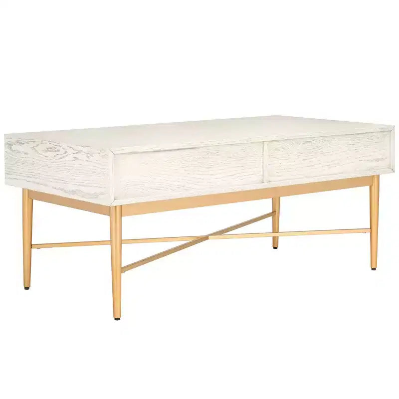 Table basse rectangulaire avec 2 tiroirs et plateau en placage de chêne, pieds dorés