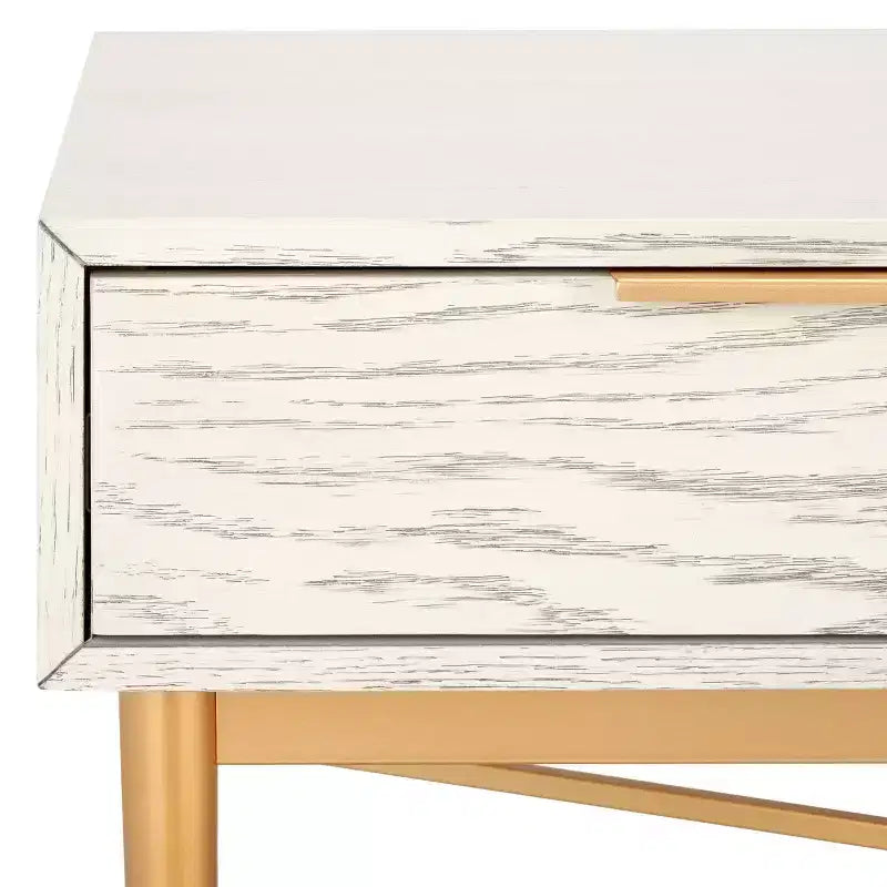 Table basse rectangulaire avec 2 tiroirs et plateau en placage de chêne, pieds dorés