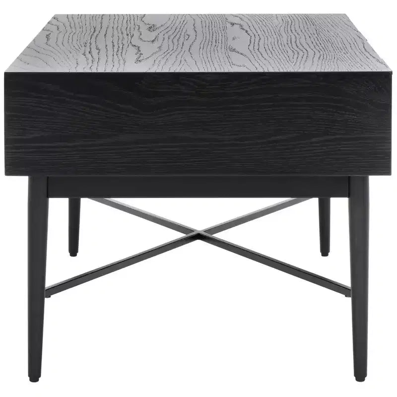 Table basse rectangulaire avec 2 tiroirs et plateau en placage de chêne, pieds dorés
