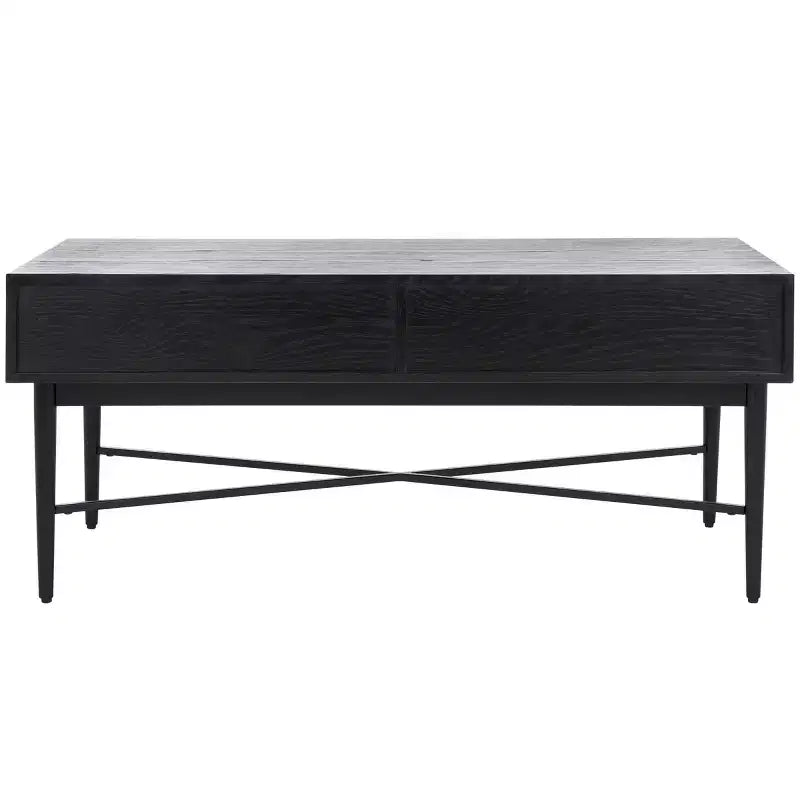 Table basse rectangulaire avec 2 tiroirs et plateau en placage de chêne, pieds dorés