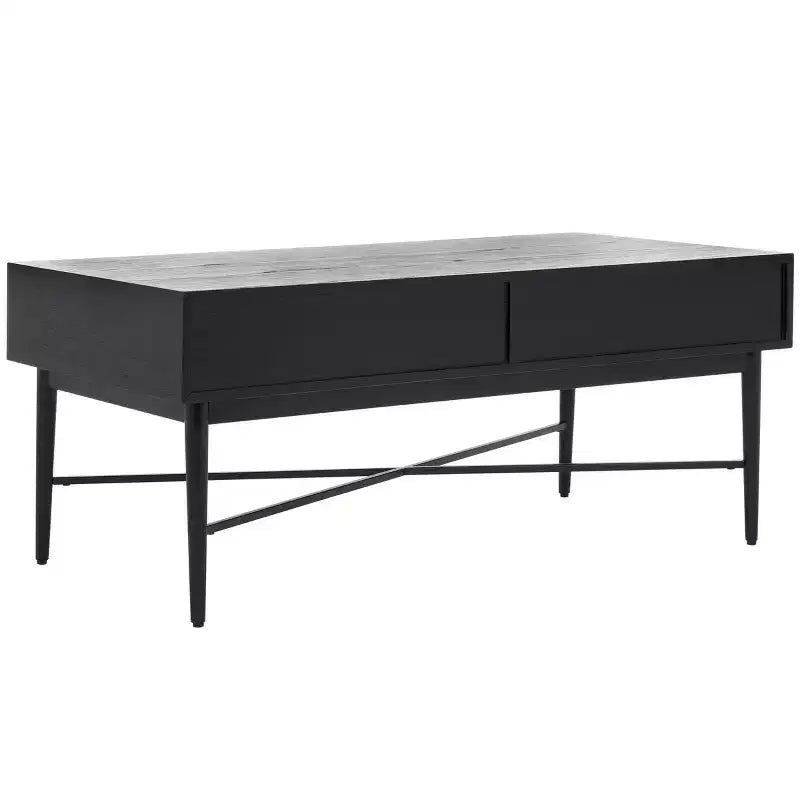 Table basse rectangulaire avec 2 tiroirs et plateau en placage de chêne, pieds dorés