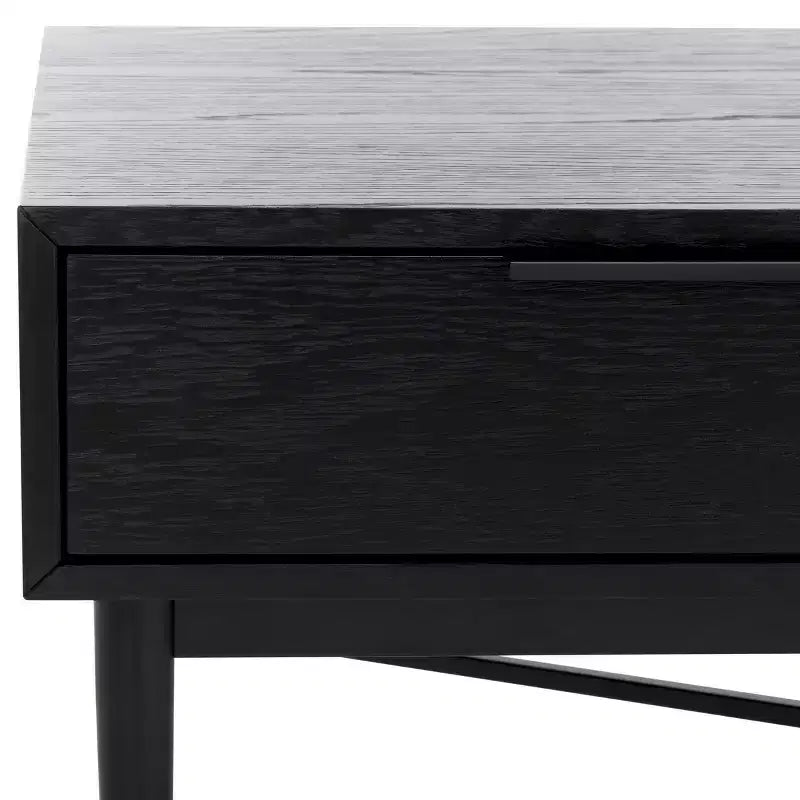 Table basse rectangulaire avec 2 tiroirs et plateau en placage de chêne, pieds dorés