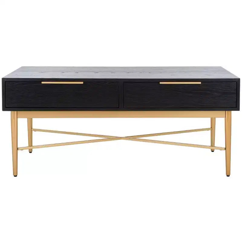 Table basse rectangulaire avec 2 tiroirs et plateau en placage de chêne, pieds dorés