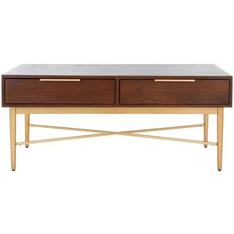 Table basse rectangulaire avec 2 tiroirs et plateau en placage de chêne, pieds dorés