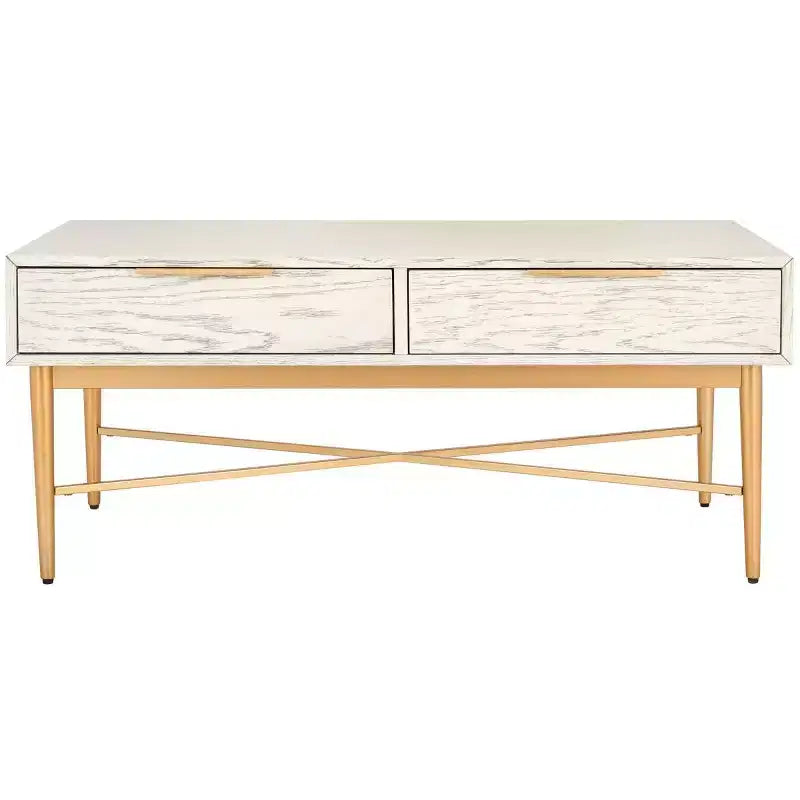 Table basse rectangulaire avec 2 tiroirs et plateau en placage de chêne, pieds dorés