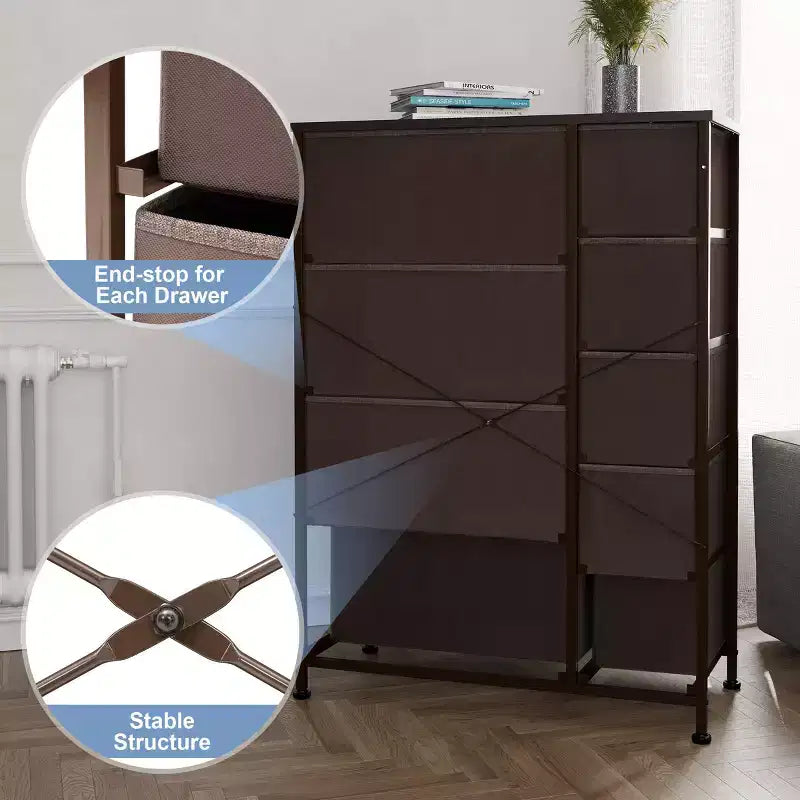 Tour de rangement verticale à 9 tiroirs, cadre en acier avec plateau en bois