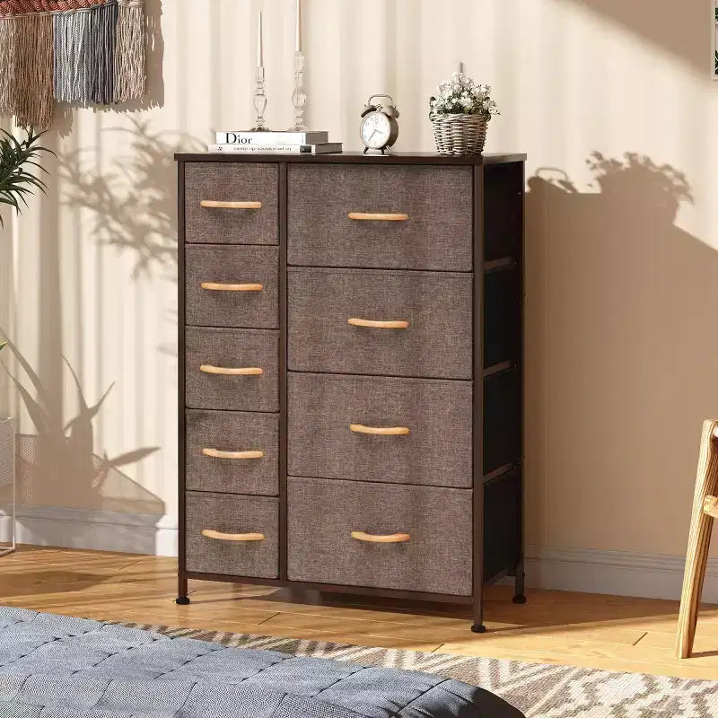 Tour de rangement verticale à 9 tiroirs, cadre en acier avec plateau en bois
