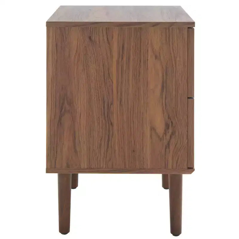 Table de chevet à 2 tiroirs en cannage de rotin, placage noyer