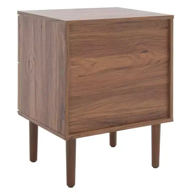Table de chevet à 2 tiroirs en cannage de rotin, placage noyer