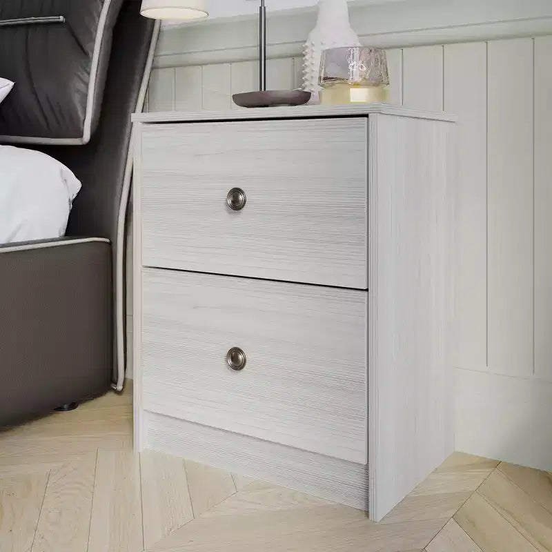 Table de chevet à 2 tiroirs, bois d'ingénierie avec placage, blanc