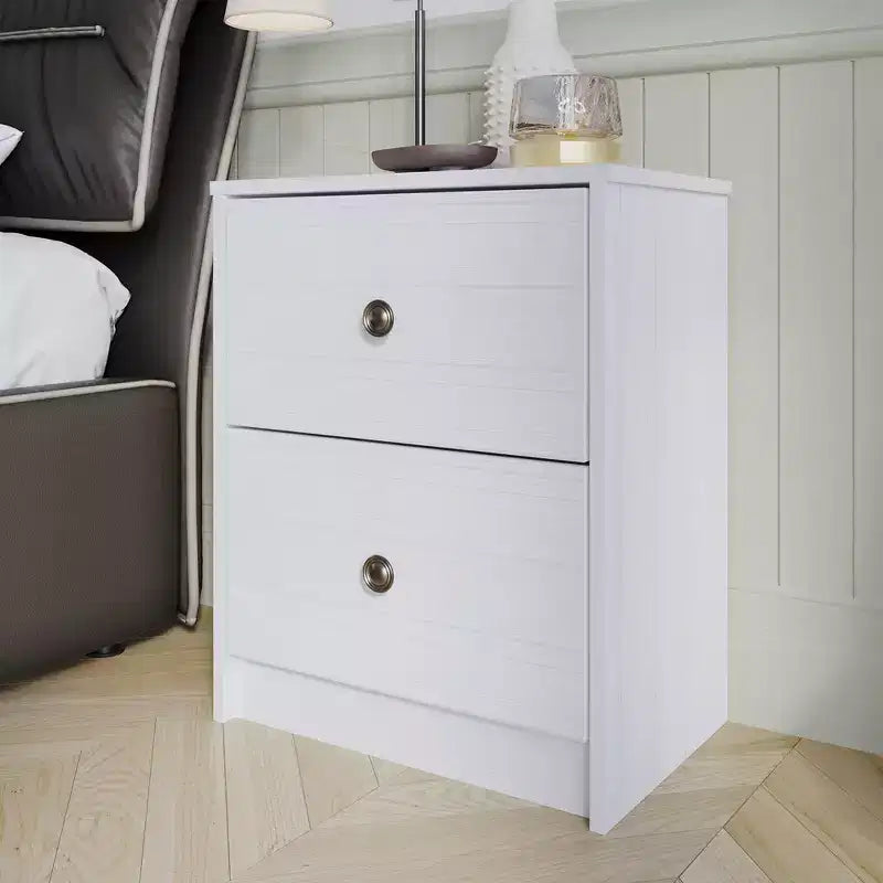Table de chevet à 2 tiroirs, bois d'ingénierie avec placage, blanc