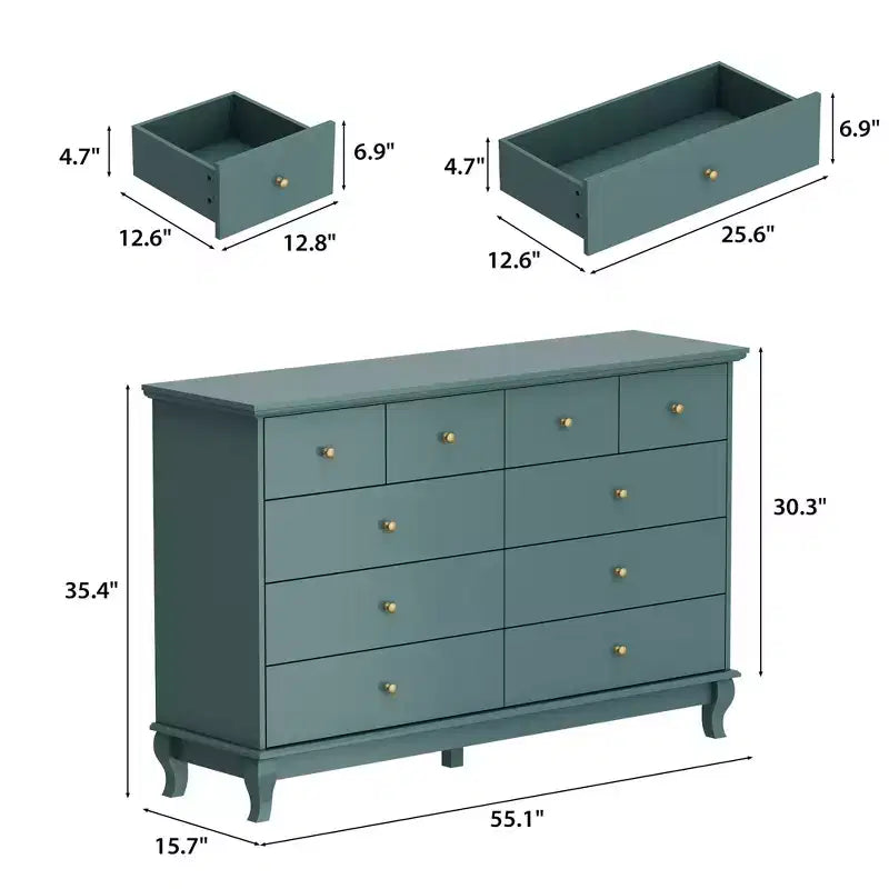 Commode 10 tiroirs, style vintage avec poignées métalliques