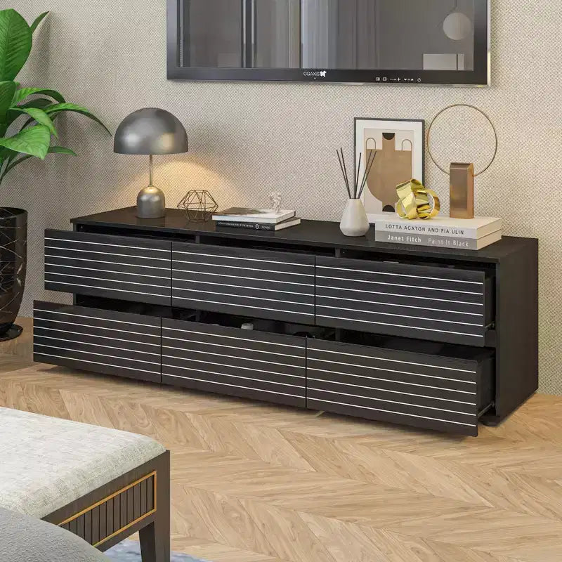 Meuble de rangement 6 tiroirs / Commode / Meuble TV, Noir rayé