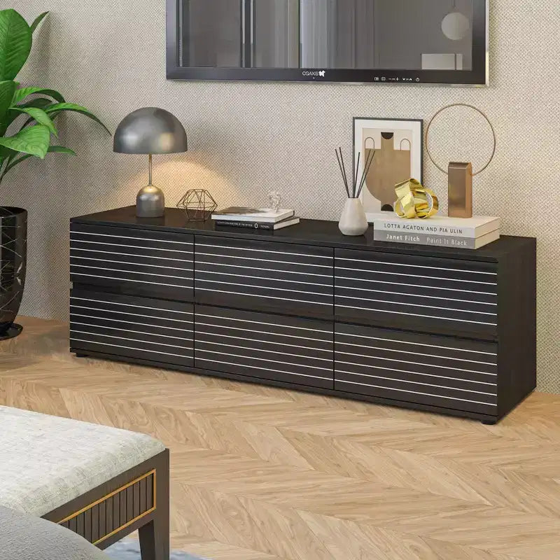 Meuble de rangement 6 tiroirs / Commode / Meuble TV, Noir rayé