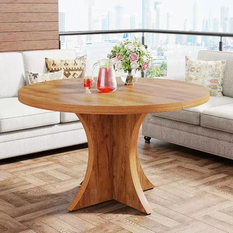 Table à manger ronde de 119 cm pour 4 à 6 personnes, en bois avec pied central