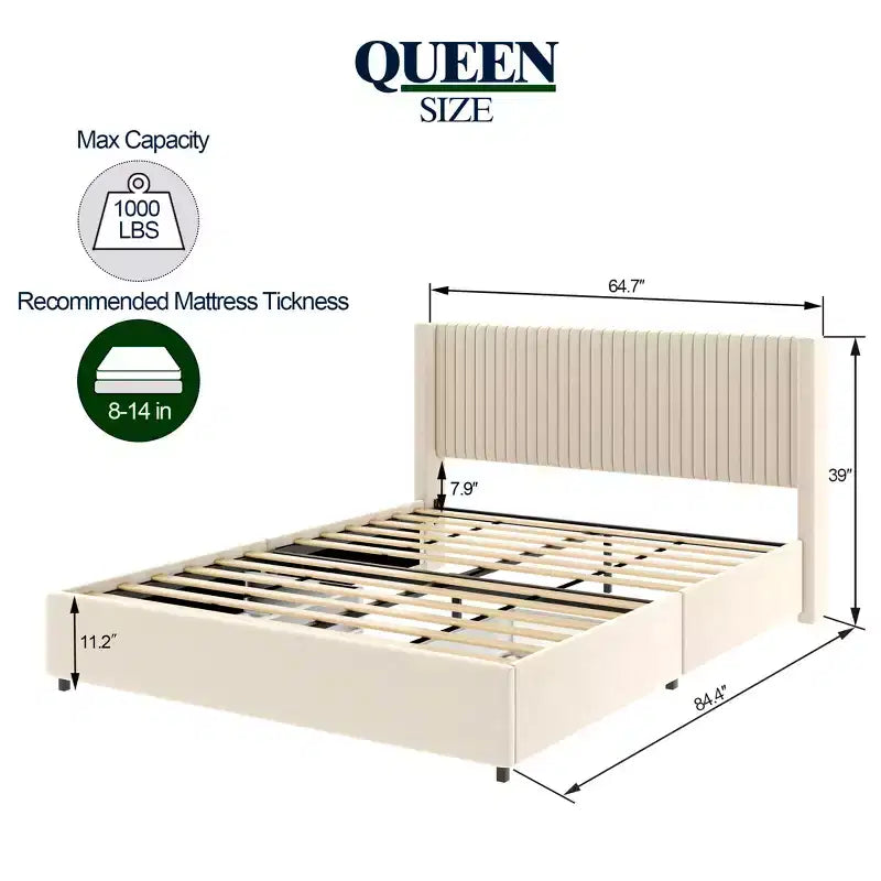 Lit plateforme Queen Size rembourré avec tête de lit capitonnée et 2 tiroirs, velours ivoire