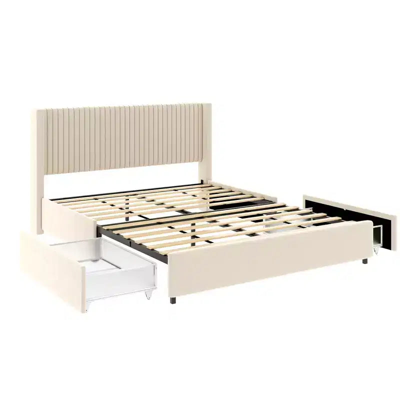 Lit plateforme Queen Size rembourré avec tête de lit capitonnée et 2 tiroirs, velours ivoire
