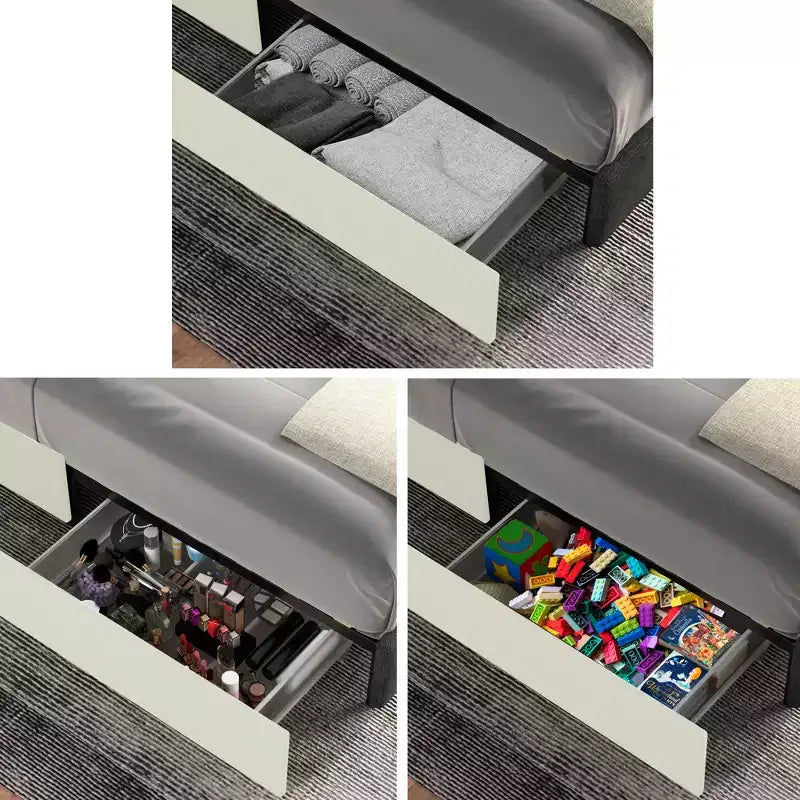 Lit plateforme Queen Size rembourré avec tête de lit capitonnée et 2 tiroirs, velours ivoire