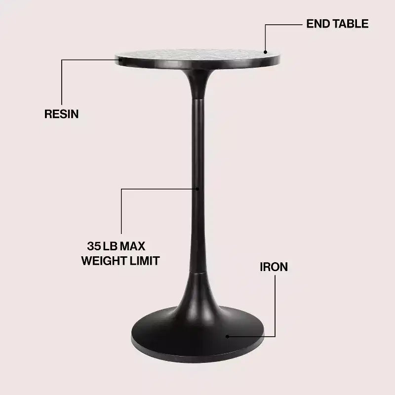 Table d'appoint ronde moderne bohème 63,5 cm en métal et résine incrustée