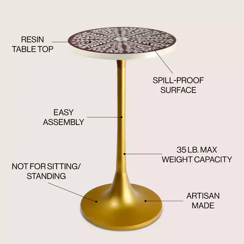 Table d'appoint ronde moderne bohème 63,5 cm en métal et résine incrustée