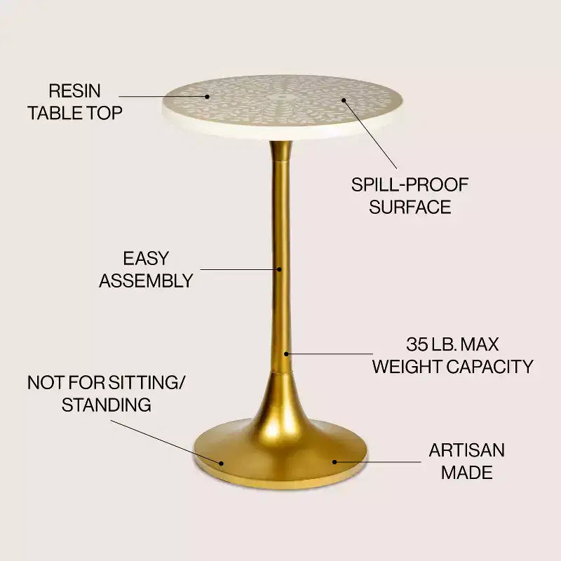 Table d'appoint ronde moderne bohème 63,5 cm en métal et résine incrustée
