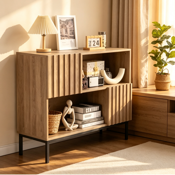 Console d'entrée de style ferme moderne avec meuble de rangement et étagère de présentation